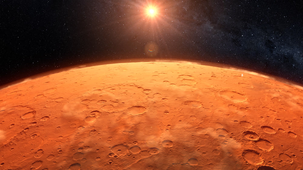 Mars planet sunset sunrise in the space 3d illustration