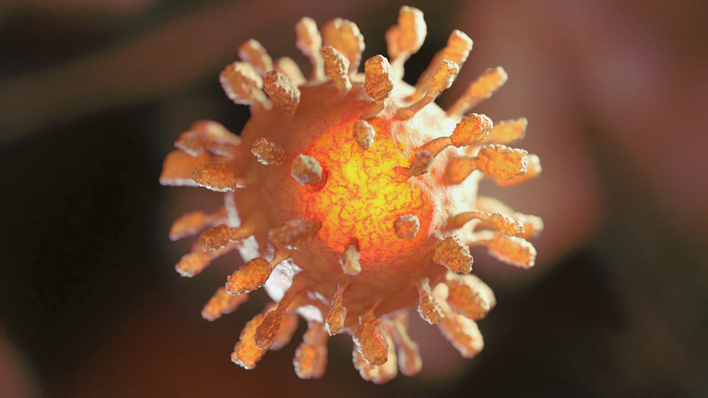 Image of Flu COVID-19 virus cell under the microscope on the blood.Coronavirus Covid-19 outbreak influenza background.Pandemic medical health risk concept with disease cell as a 3D illustration
