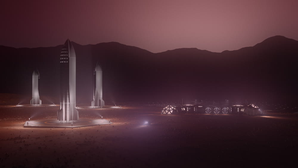 mars colony. flytrough to the base. 3d illustration