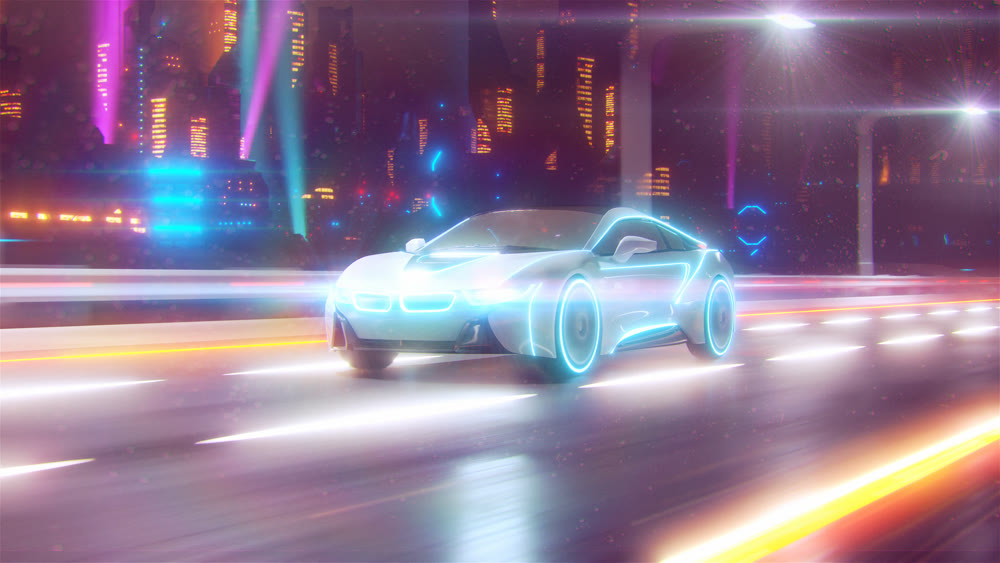 Future car going on the road 3d illustration