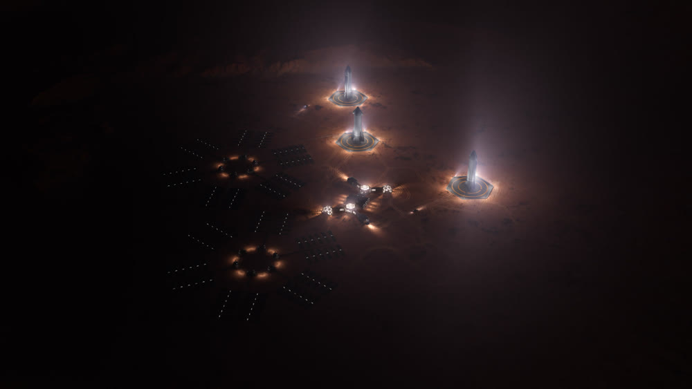 A depiction of a base on a hostile and barren planet. The small colony is equipped with two rovers for astronauts to use for exploration of the surface. 3d illustration