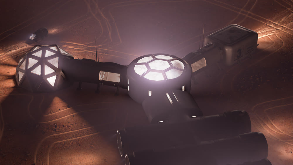 A depiction of a base on a hostile and barren planet. The small colony is equipped with two rovers for astronauts to use for exploration of the surface. 3d illustration