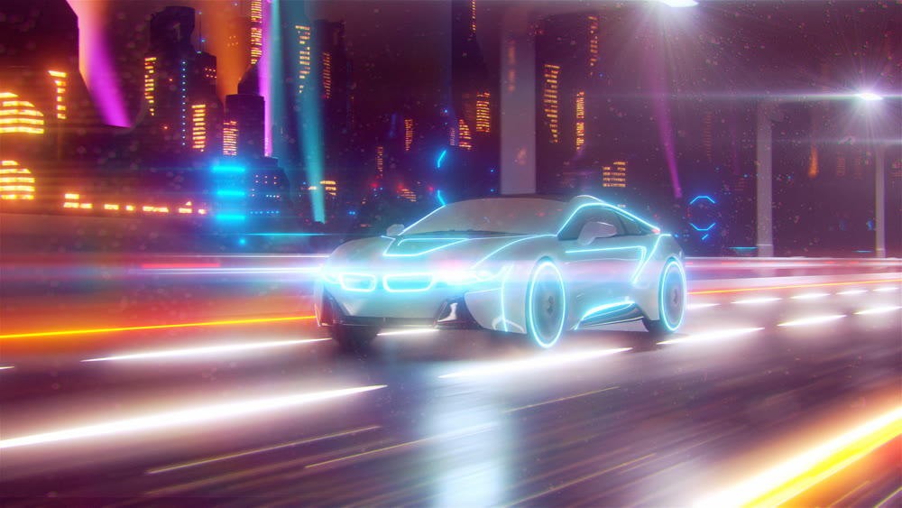 Future car going on the road 3d illustration