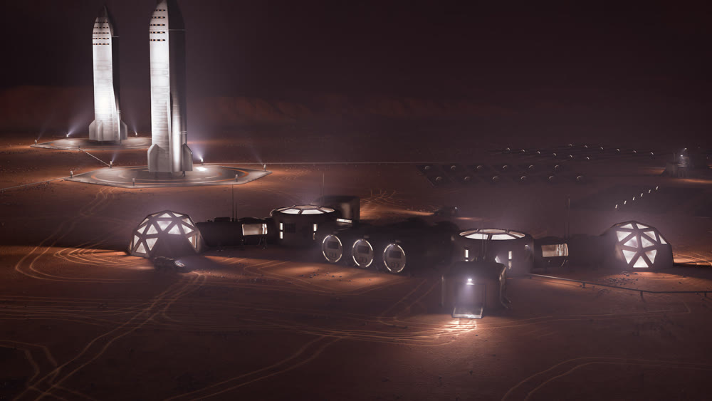 A depiction of a base on a hostile and barren planet. The small colony is equipped with two rovers for astronauts to use for exploration of the surface. 3d illustration