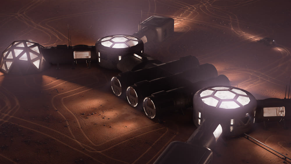 A depiction of a base on a hostile and barren planet. The small colony is equipped with two rovers for astronauts to use for exploration of the surface. 3d illustration