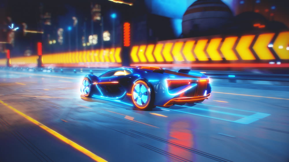 Future car going on the road with electric blasts and energy fluids 4k animation