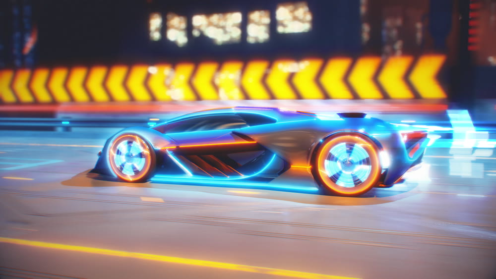 Future car going on the road with electric blasts and energy fluids 4k animation