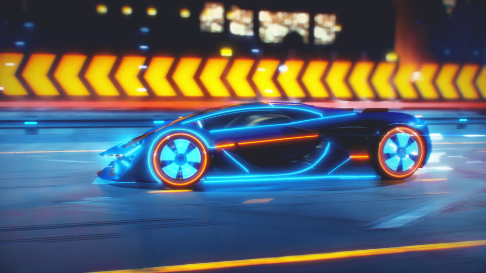 Future car going on the road with electric blasts and energy fluids 4k animation