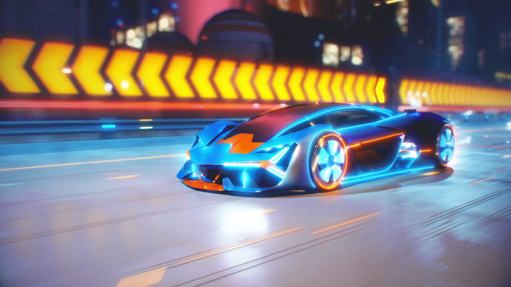 Future car going on the road with electric blasts and energy fluids 4k animation
