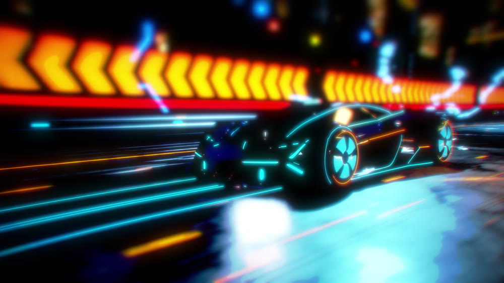Future car going on the road with electric blasts and energy fluids 4k animation