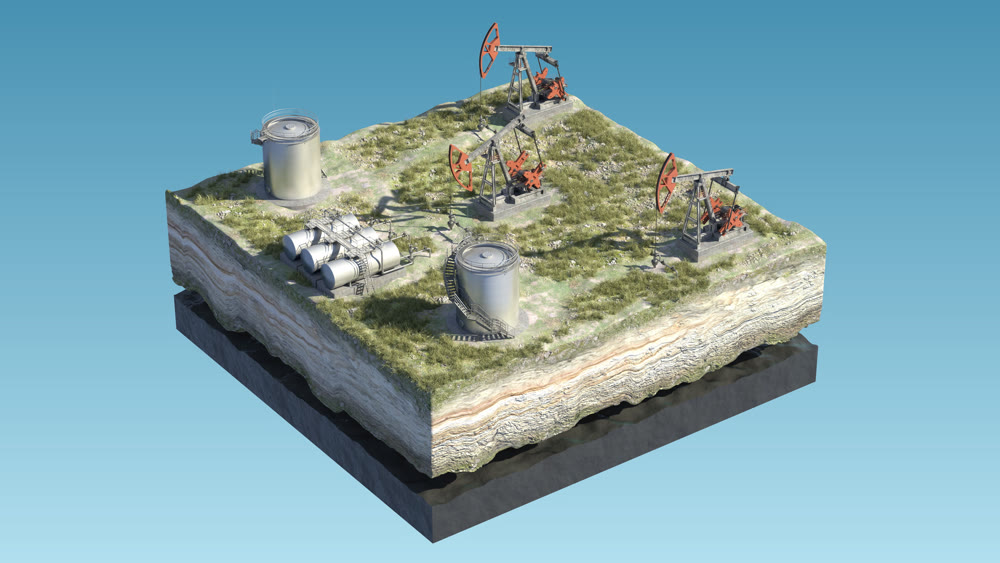 Oil pump jack at a drill site in a desert with oil barrels and refinery tanks on a floating island. 3d illustration. Perfect for explainer or infographic.