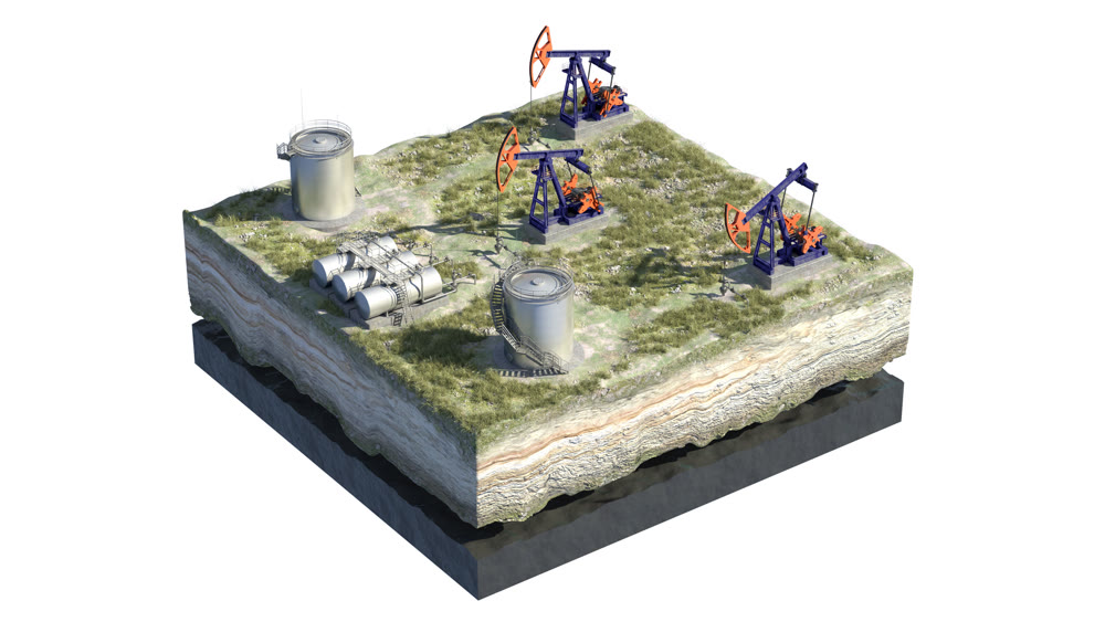 Oil pump jack at a drill site in a desert with oil barrels and refinery tanks on a floating island. 3d illustration. Perfect for explainer or infographic.