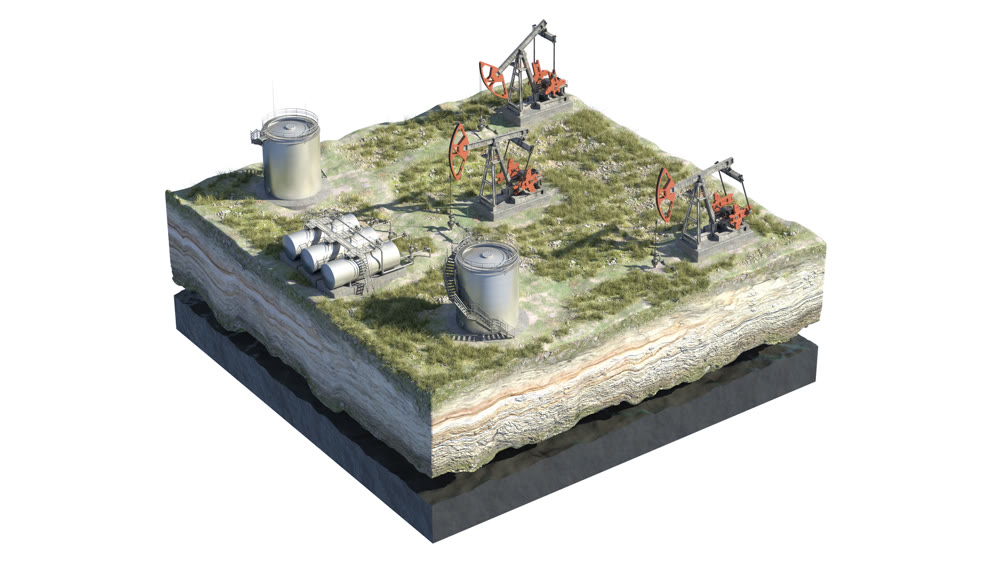 Oil pump jack at a drill site in a desert with oil barrels and refinery tanks on a floating island. 3d illustration. Perfect for explainer or infographic.