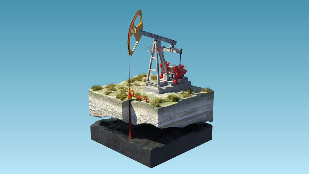 Oil pump jack at a drill site in a desert with oil barrels and refinery tanks on a floating island. 3d illustration. Perfect for explainer or infographic.