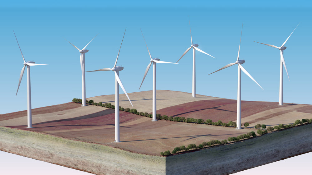 Wind turbines on a separate island. Background. 3D illustration