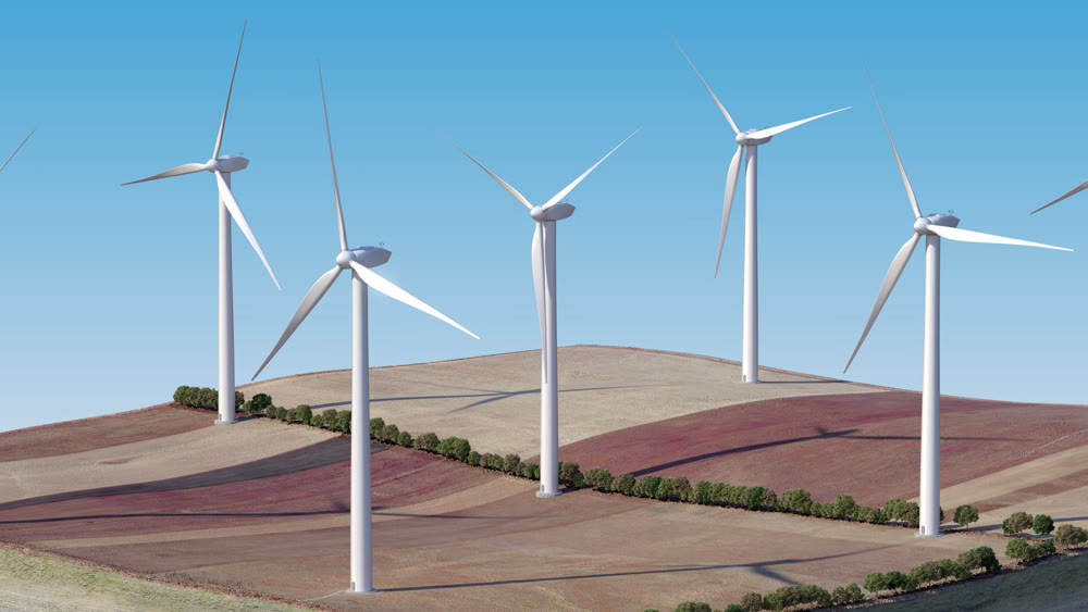 Wind turbines on a separate island. Agricultural fields. General view. Background. 3D illustration