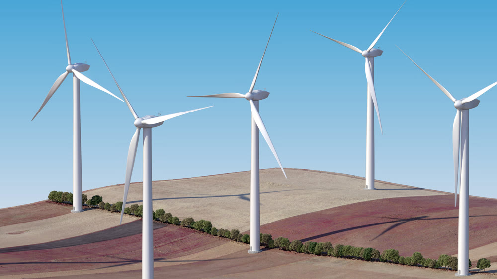 Windmills in the middle of a field. 3D rendering. 3D illustration