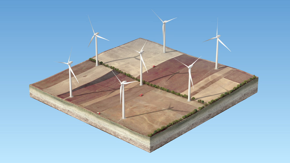 Wind generators standing on an isolated island. Fields with agricultural crops. Picture for background. 3D illustration