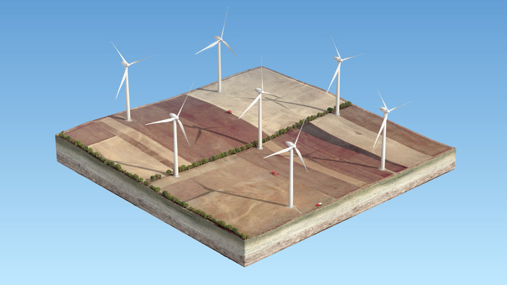 Wind turbines, background picture, separate island. 3D rendering. 3D illustration