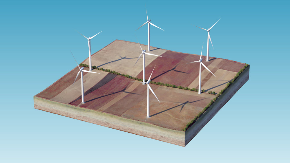 A wind generator in the middle of the island.Background. 3D rendering. 3D illustration