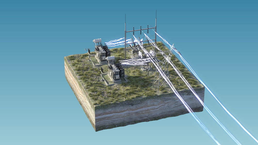 Electrical substation, high voltage. Isolated on the island. 3D rendering