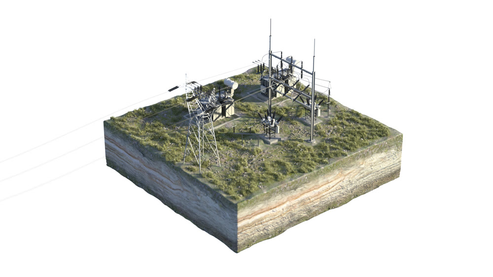 Transformer station, background picture, isometric view. isolated on the island. 3D rendering. 3D illustration