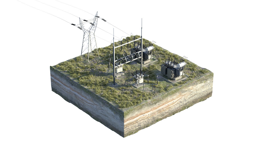 Transformer station, background picture isolated on the island. 3D rendering. 3D illustration