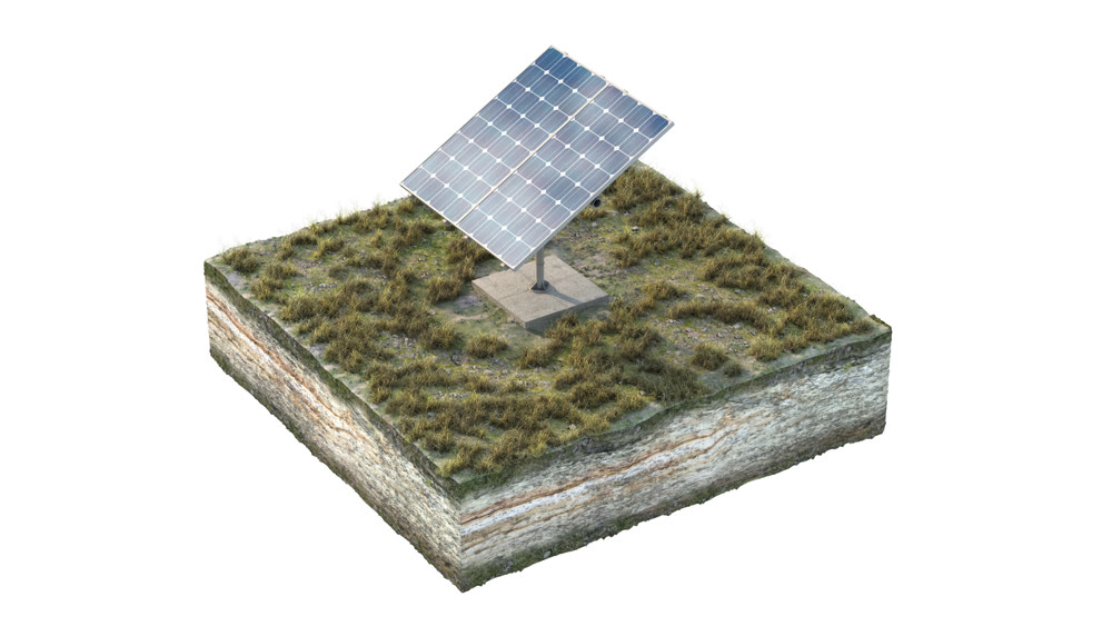 An isolated solar panel on an island. Energy of sun. Background image. 3D illustration
