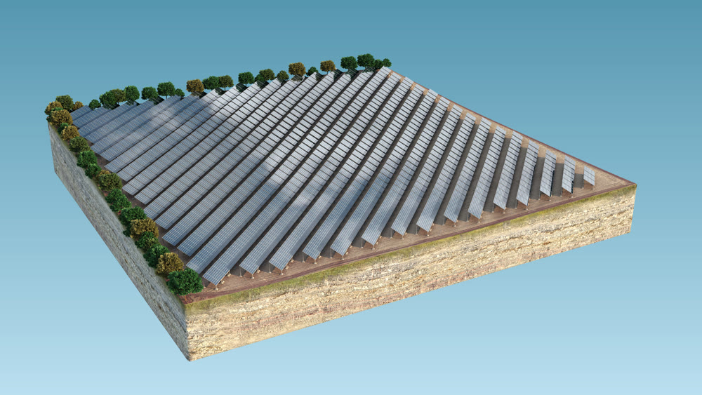 Solar panels, isolated island. Reflection of the sky. Background picture. 3D illustration