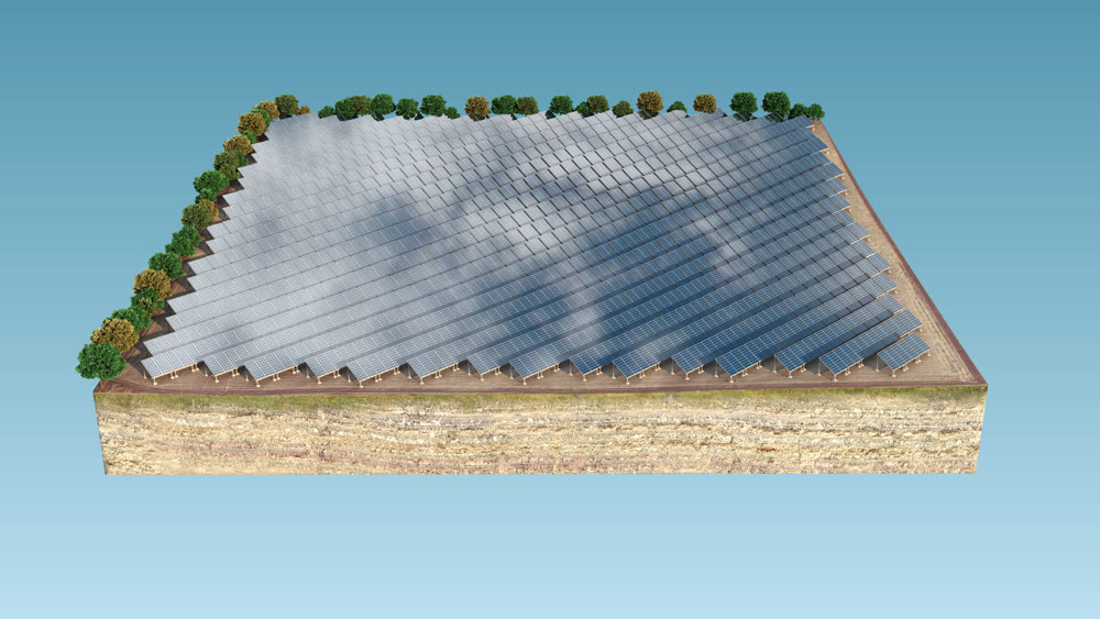 Solar panels. Solar energy. Reflection of the sky. Background picture. 3D illustration