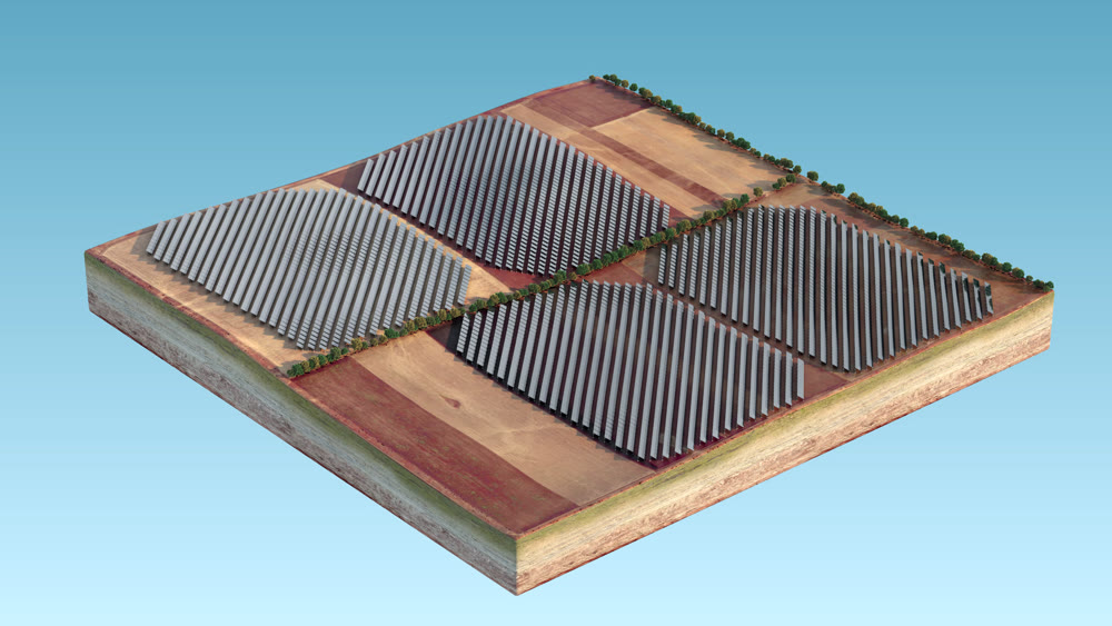 Solar panels, isolated island. Energy of sun. 3D rendering
