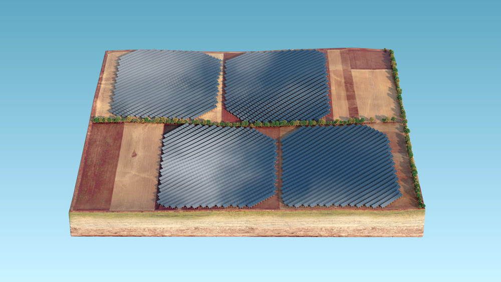 Solar panels on an isolated island. Picture for Background. 3D illustration