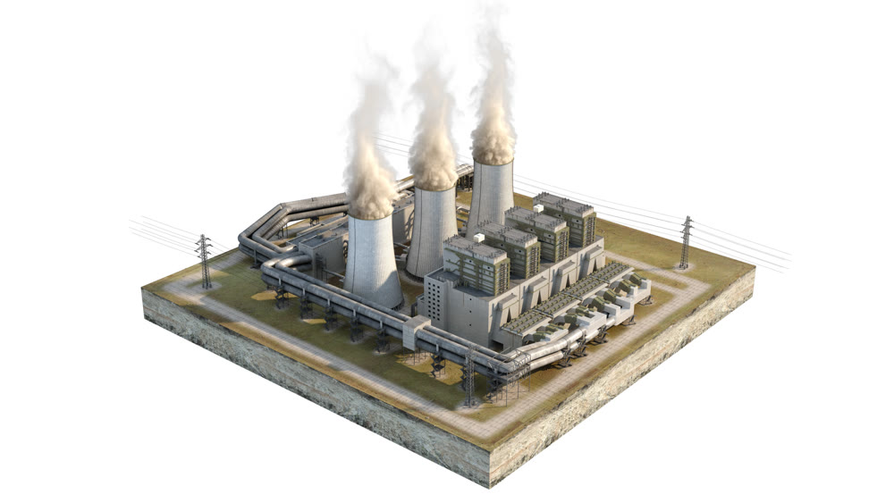 Power Station Cooling Tower. Isolated island. Isometry. Background white. 3D illustration