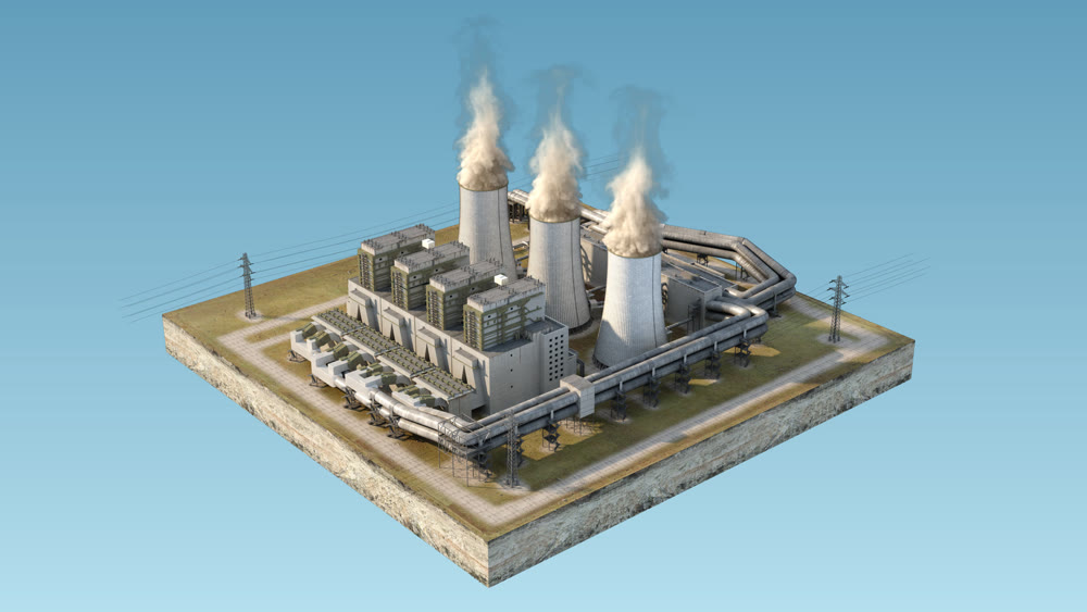 Power Station Cooling Tower. Isolated island. Isometry Background blue. 3D illustration. 3d rendering