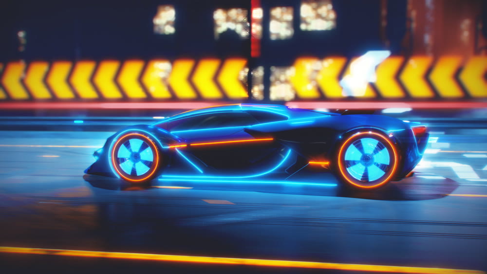 future car going on the road with energetic blast. 3d illustration