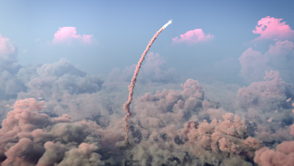 Rocket Launch through the clouds, Starship rocket to the mars. 4k animation