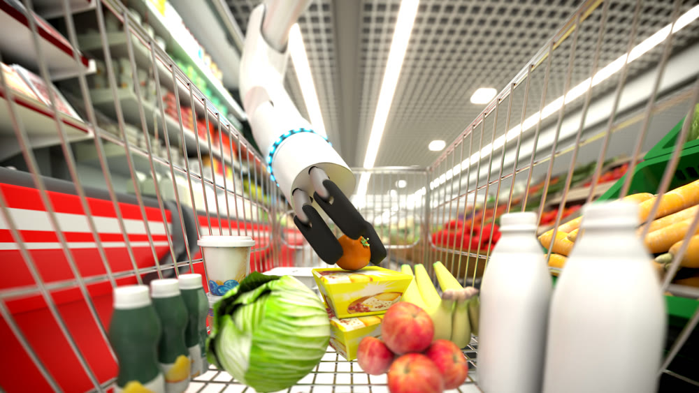 Grocery store. Automatic hand buys groceries. Holds a tomato in his hand. 3D illustration