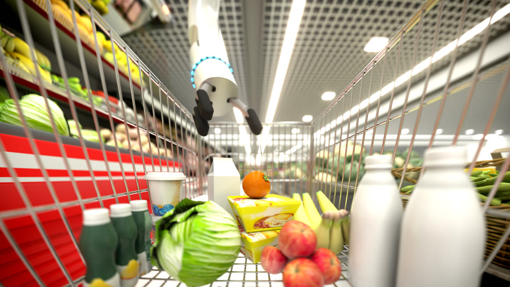 Grocery store. Automatic hand buys groceries. Shopping basket. 3D illustration.