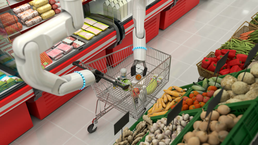 The grocery basket is being filled with robotic arms. Robots making a purchase. 3D illustration