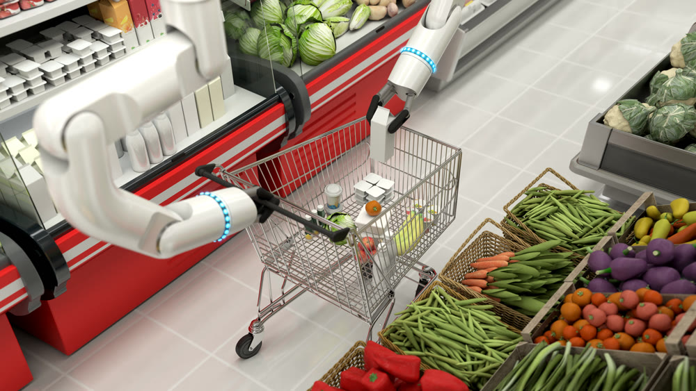 The grocery basket is being filled with robotic arms. Robots making a purchase. Remote purchases. 3D illustration.