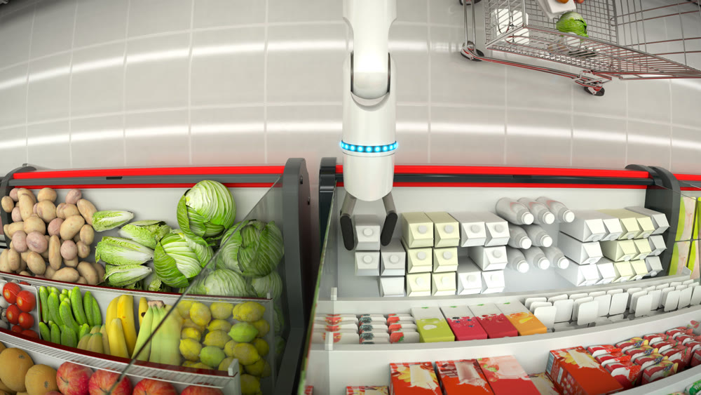 Supermarket shelves with groceries. Robot hand makes purchases in the store. 3D illustration