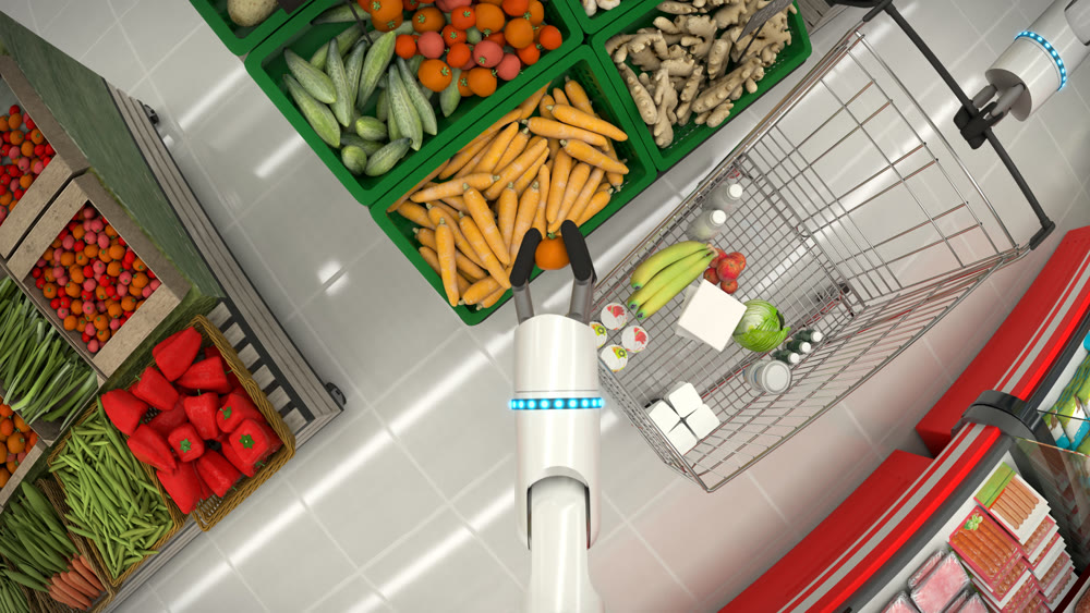 Supermarket shelves with groceries. Robot hand makes purchases of fresh vegetables. 3D illustration