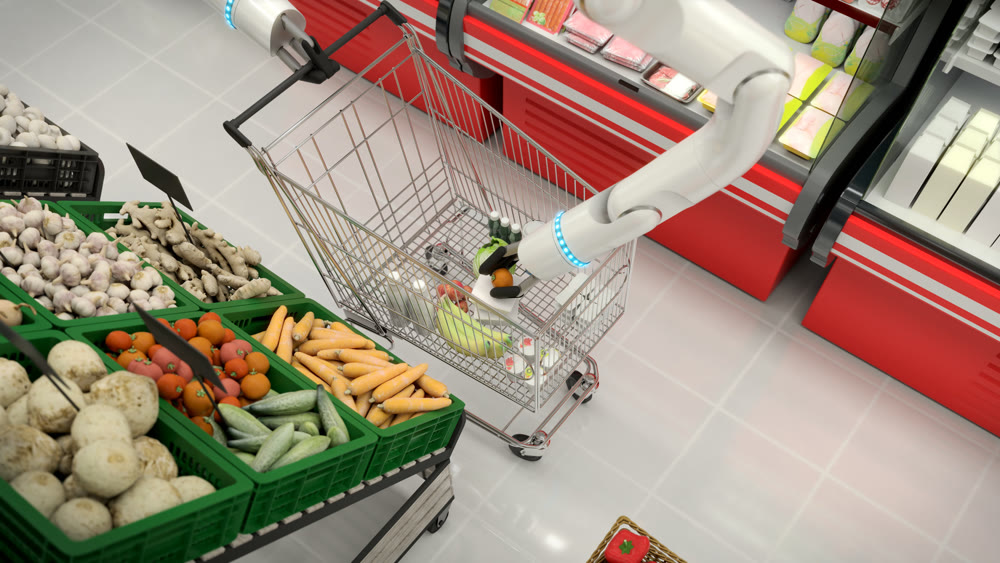 Shopping cart with groceries in the supermarket. Hand swarms do grocery shopping. 3D illustration