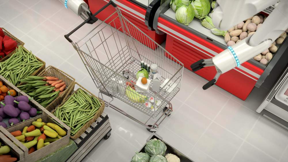 Shopping cart with groceries in the supermarket. Robots hand makes grocery shopping. 3D illustration.