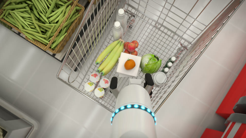 Automatic hand buys groceries. Holds a bag of milk in his hand. 3D illustration