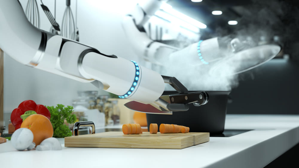 Automatic cooking by robot hands. A boiling pot of water. 3D illustration