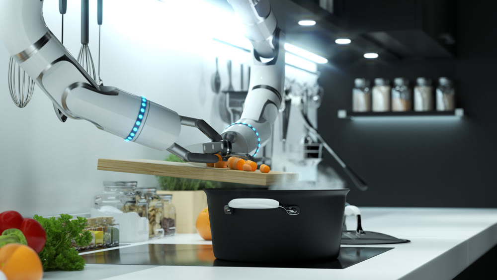 Robot hand prepares soup in a modern kitchen. Dumping the mark into boiling water. 3D illustration.