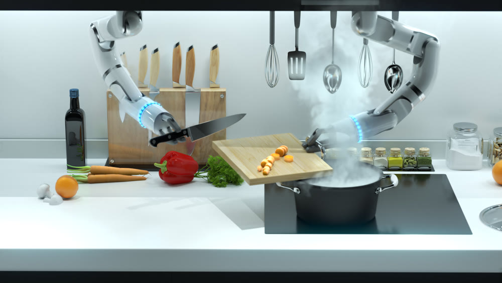 Robot hand prepares lunch in the kitchen. Cooking food by robots, automatic cooking. 3D rendering. 3D illustration.