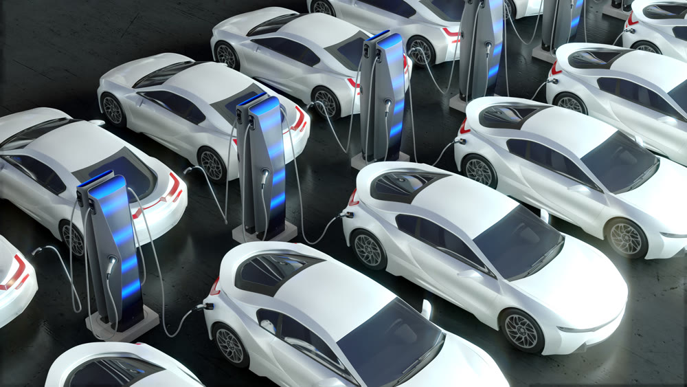 Charging an electric sports car. Modern charging stations for electric vehicles. 3D illustration