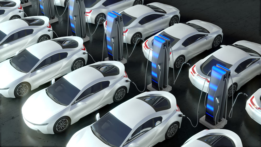 Charging an electric sports car. Modern charging stations for electric vehicles. 3D rendering. 3D illustration.